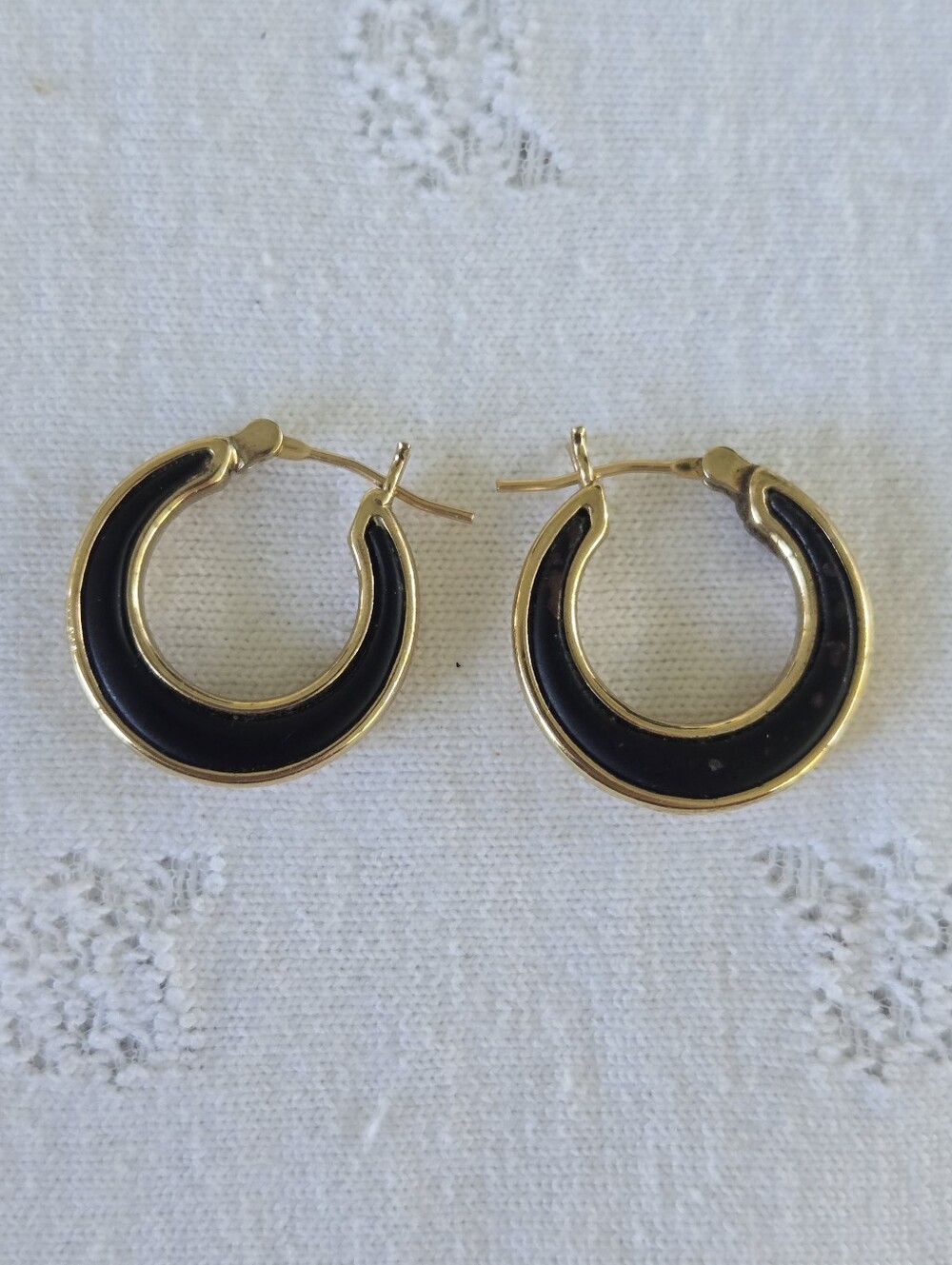 Monet Shiny Gold and Black Crescent Hoop Earrings Vintage